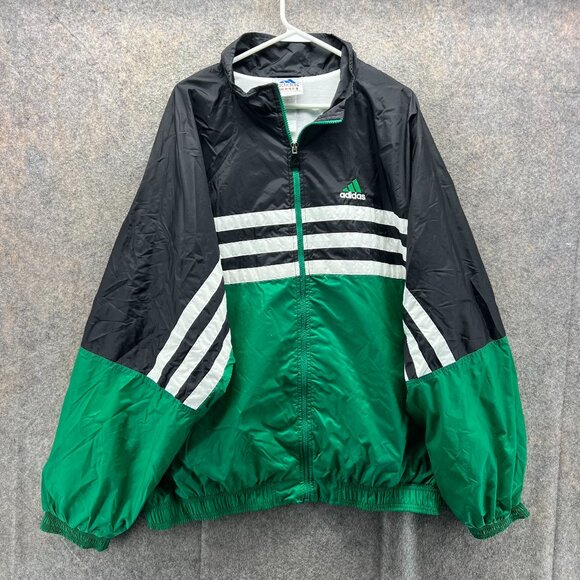 Adidas Jacket Mens XXL Green Black White Striped Full Zip Windbreaker Vintage - Picture 1 of 11